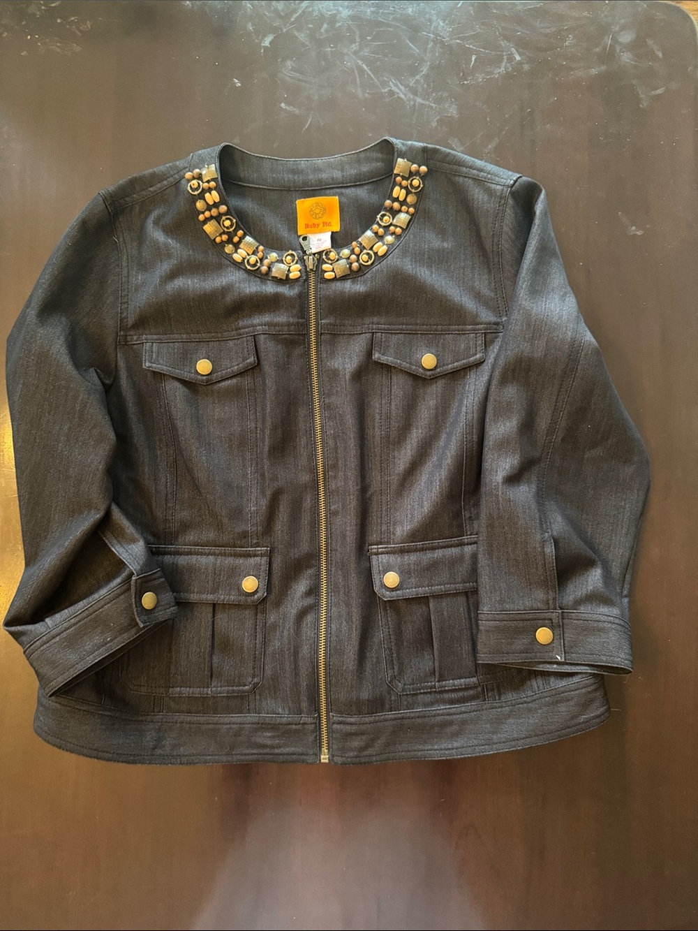 Ruby Rd. Black Denim Jacket with Beaded Neckline